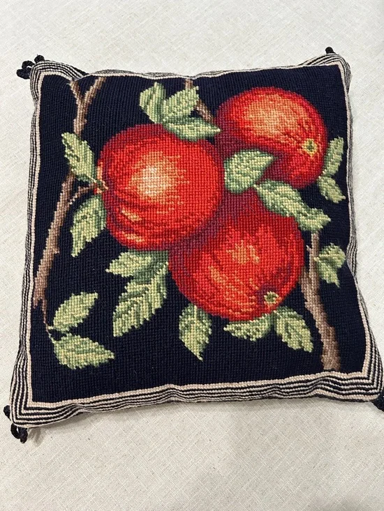 Vintage Lillian Vernon Needlepoint Fruit Pillow with Red Apples and Velvet Back - Picture 1 of 10